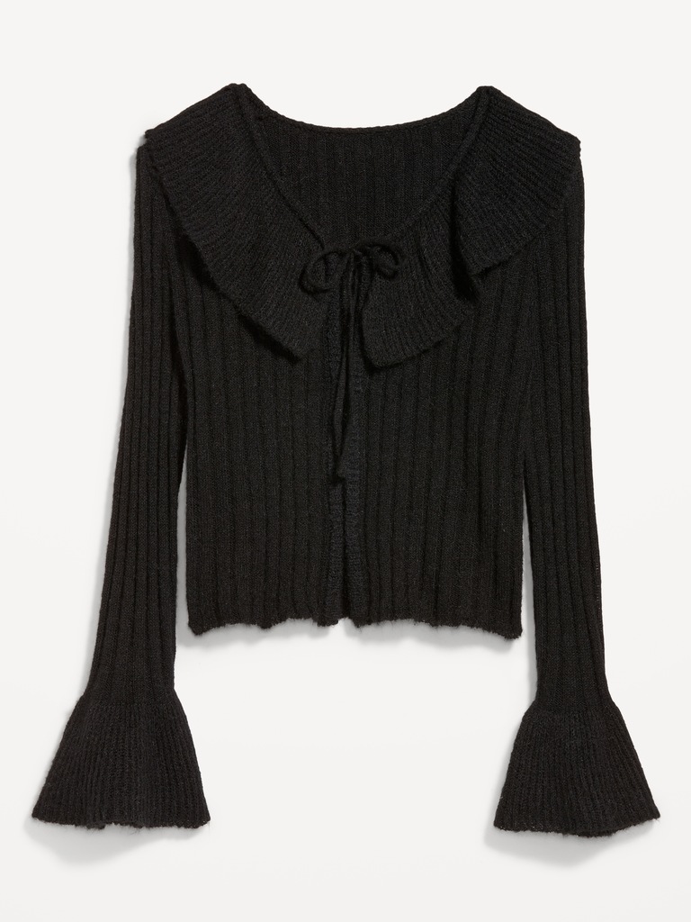 Wool-Blend Ruffle Tie-Front Cropped Cardigan
