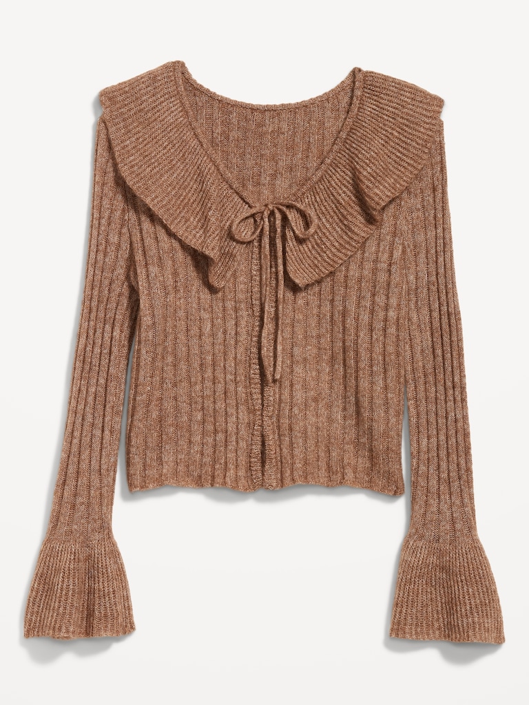 Wool-Blend Ruffle Tie-Front Cropped Cardigan
