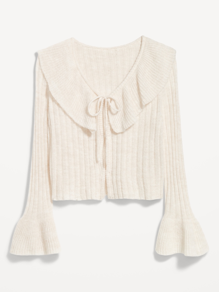 Wool-Blend Ruffle Tie-Front Cropped Cardigan