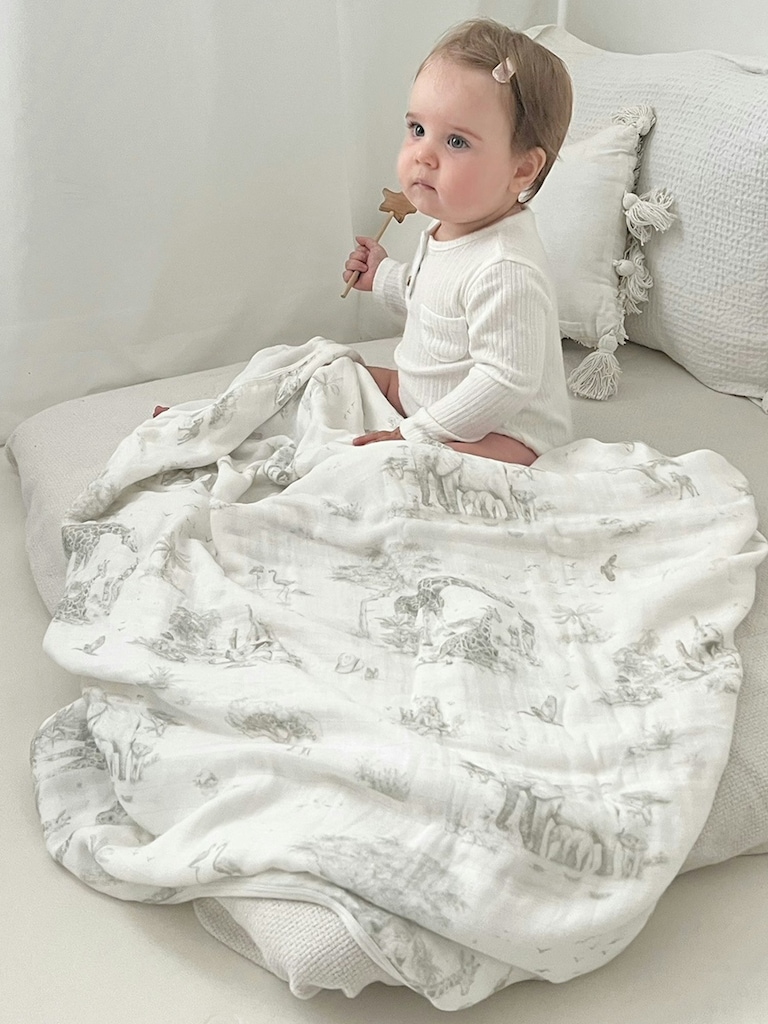The Gilded Bird Safari Toile Bamboo Baby Blanket