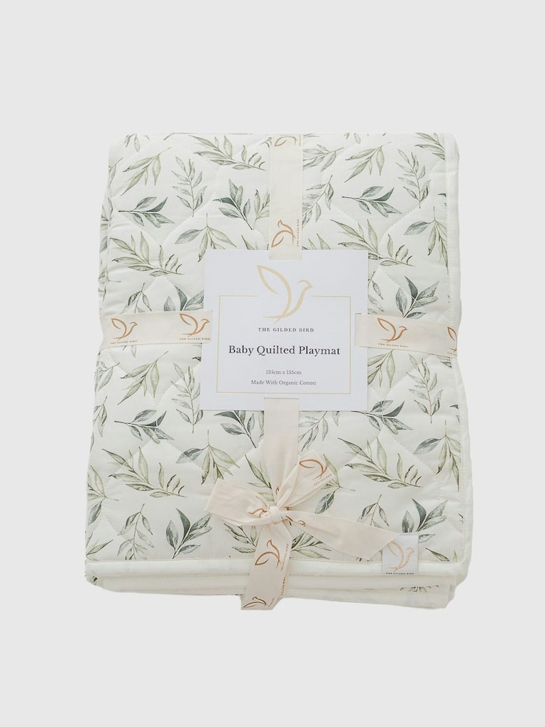 The Gilded Bird Linen Leaves Green Quilted Playmat