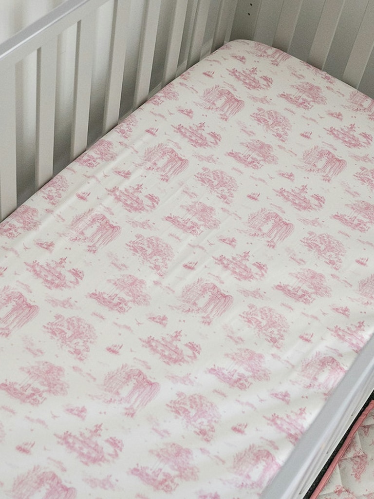 The Gilded Bird Spring Toile Pink Fitted Crib Sheet