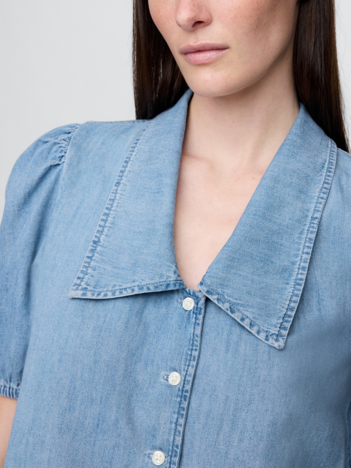 Denim Puff-Sleeve Collared Shirt