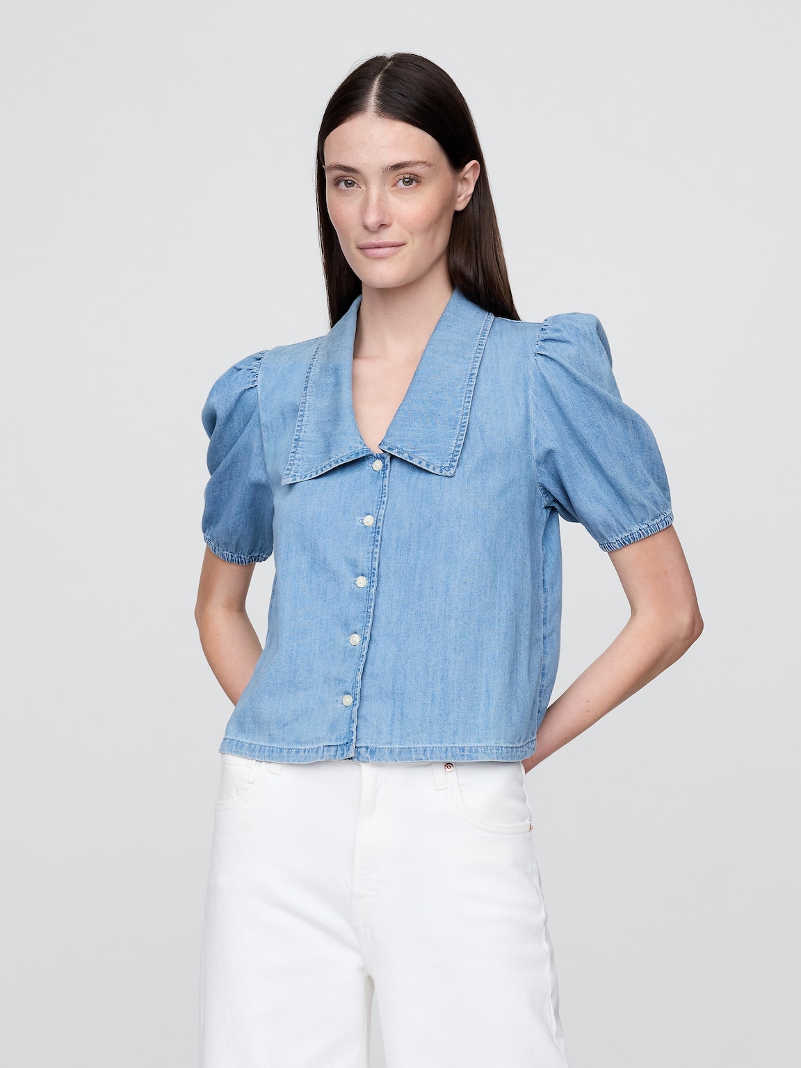 Denim Puff-Sleeve Collared Shirt