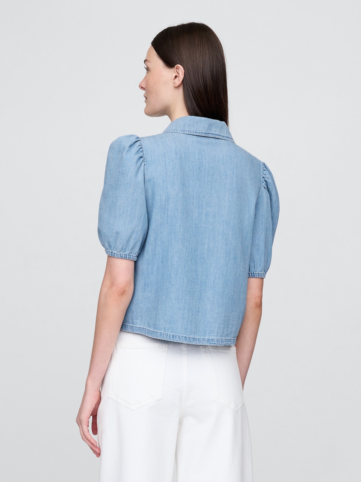 Denim Puff-Sleeve Collared Shirt