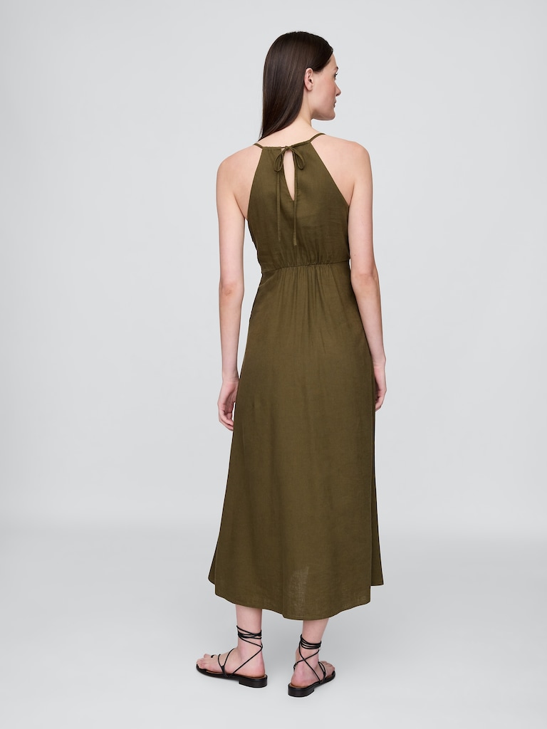 Linen-Blend Embroidered Halter Maxi Dress