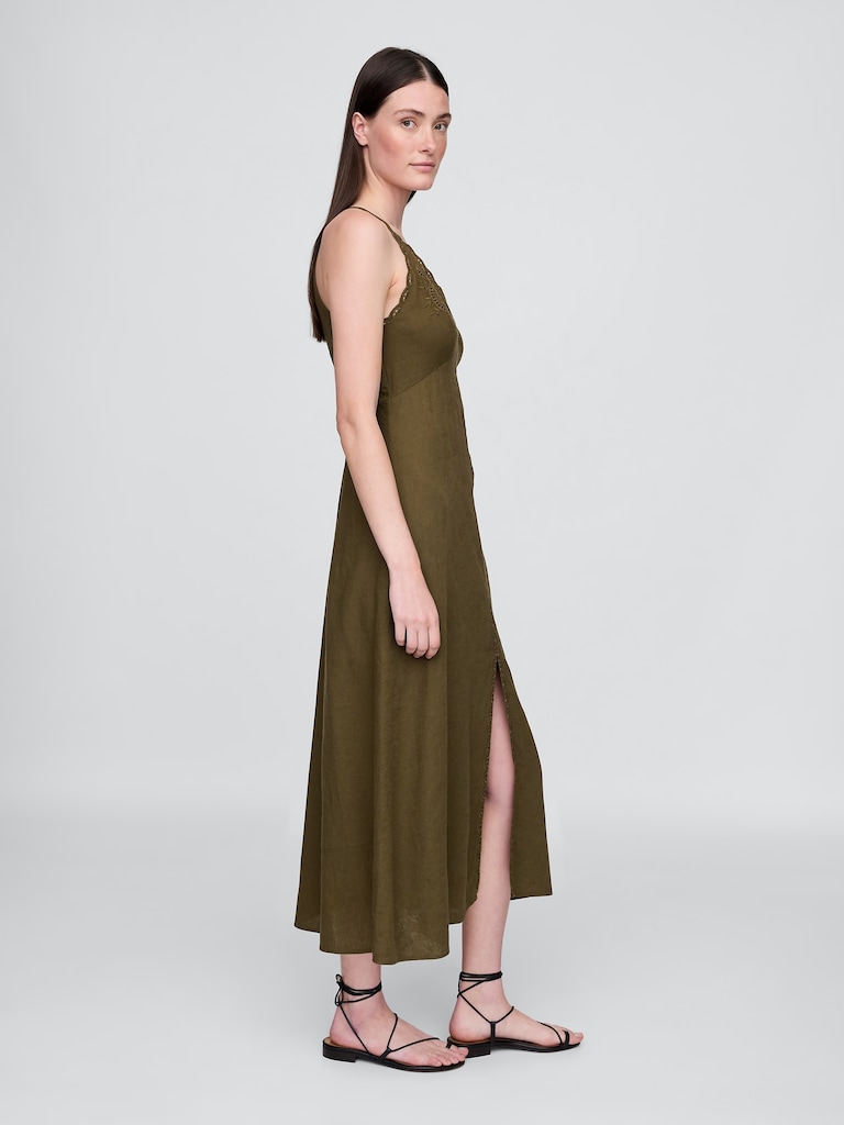 Linen-Blend Embroidered Halter Maxi Dress