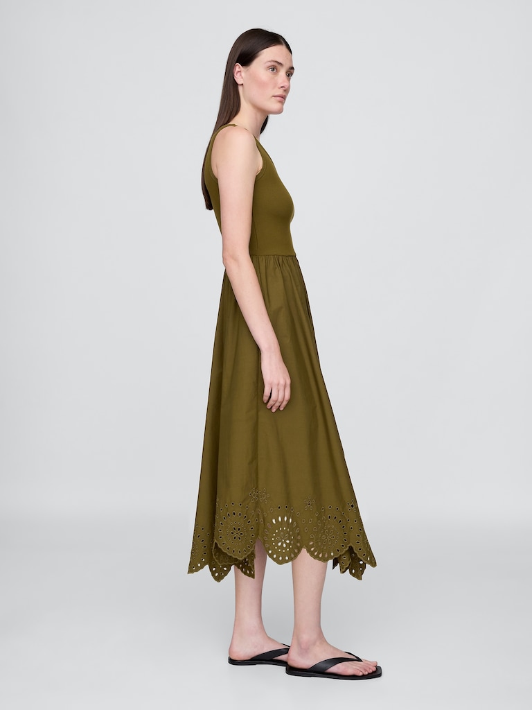 Mixed Media Handkerchief Hem Midi Dress