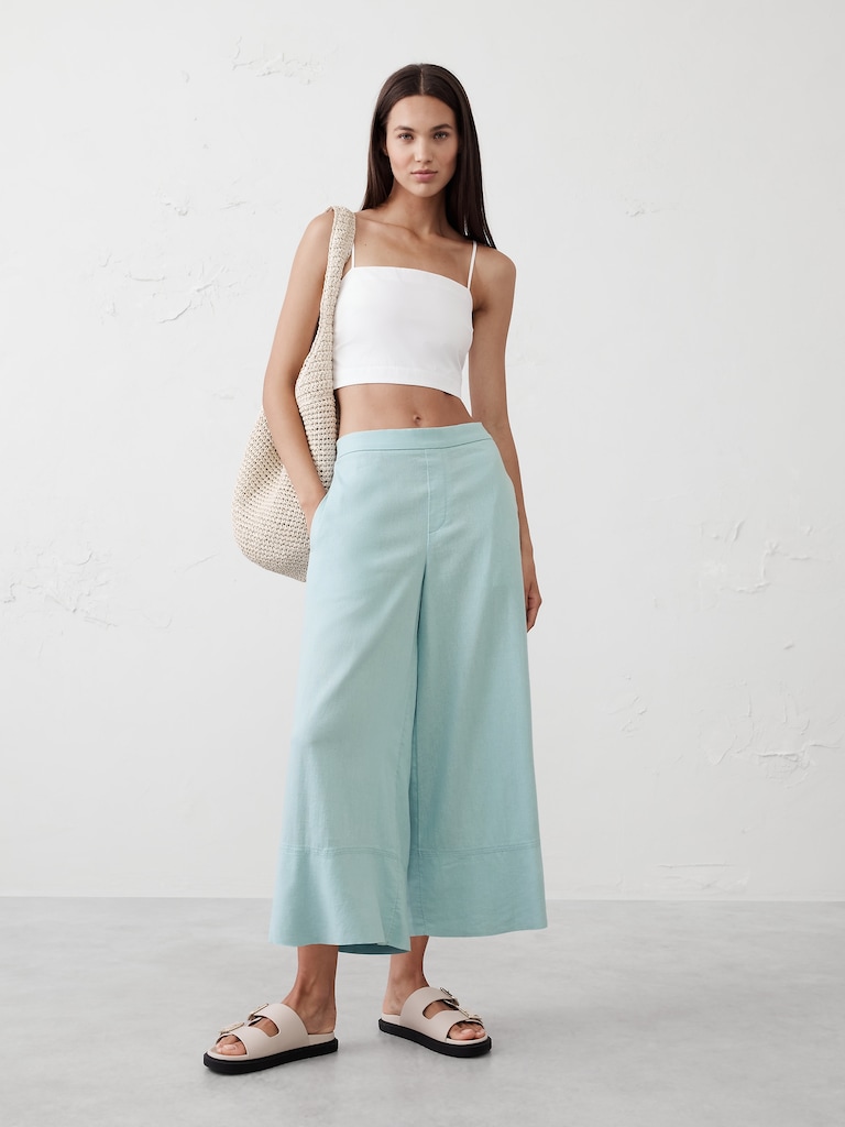 Wide-Leg Linen-Blend Cropped Pull-On Pant