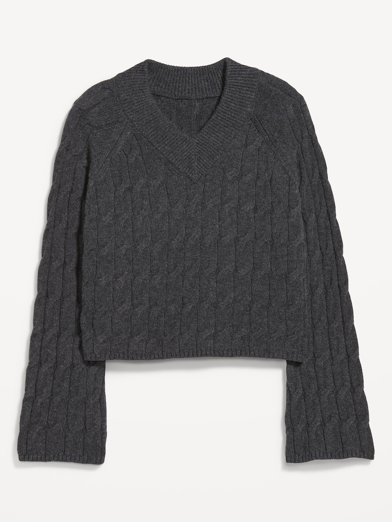 Wool-Blend V-Neck Cable Cropped Sweater