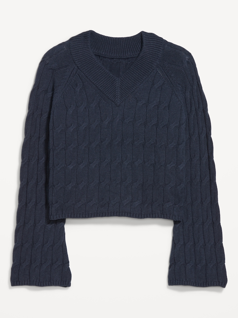 Wool-Blend V-Neck Cable Cropped Sweater