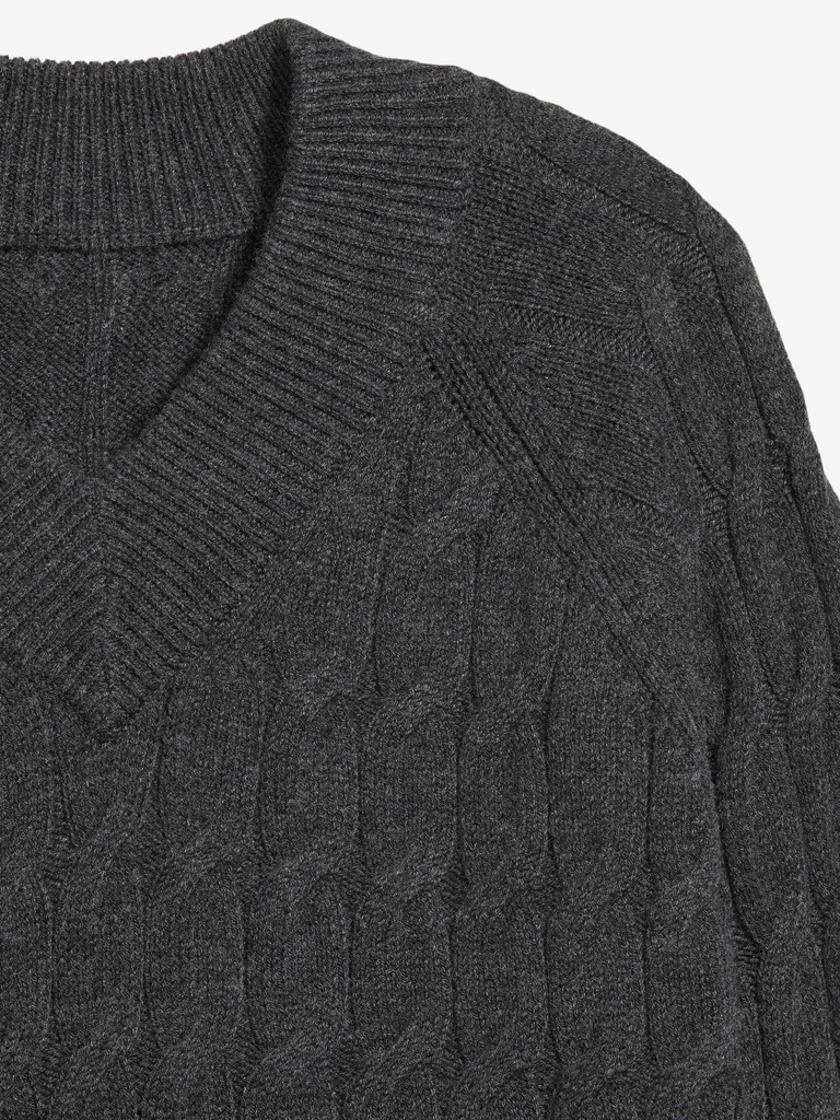 Wool-Blend V-Neck Cable Cropped Sweater
