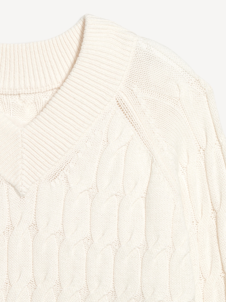 Wool-Blend V-Neck Cable Cropped Sweater