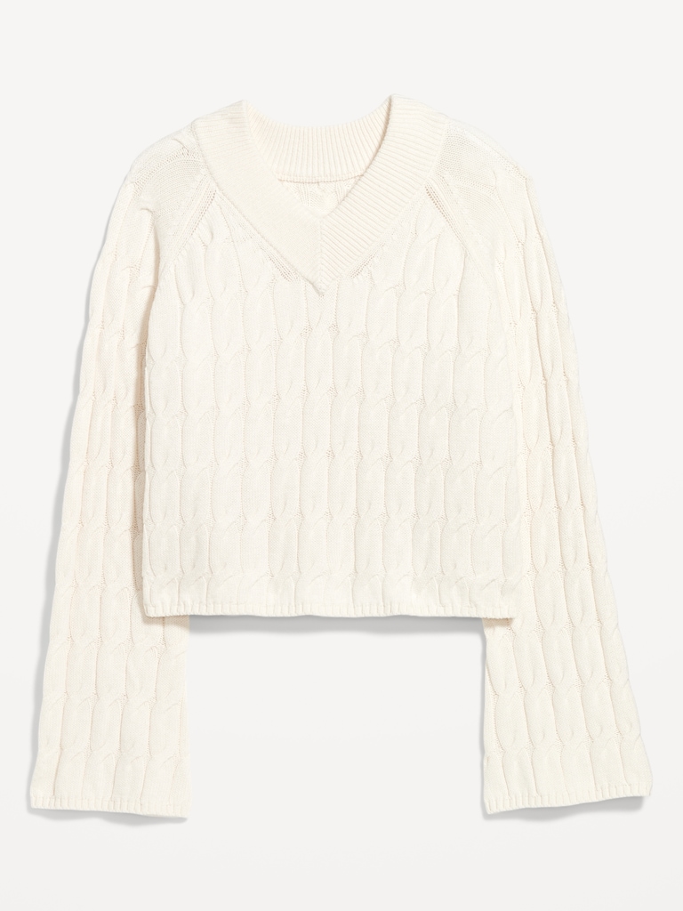 Wool-Blend V-Neck Cable Cropped Sweater