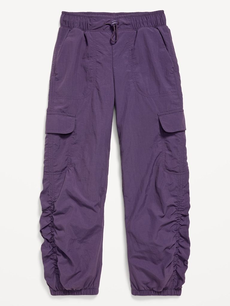 High-Waisted Side Ruched Cargo Parachute Joggers for Girls