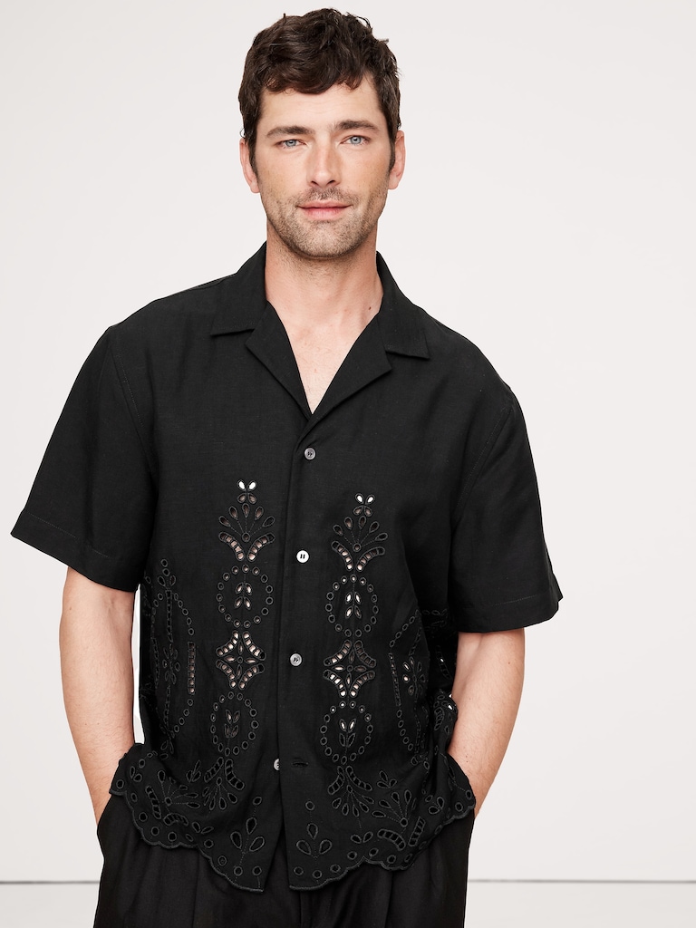 Standard-Fit Embroidered Tencel™-Linen Resort Shirt
