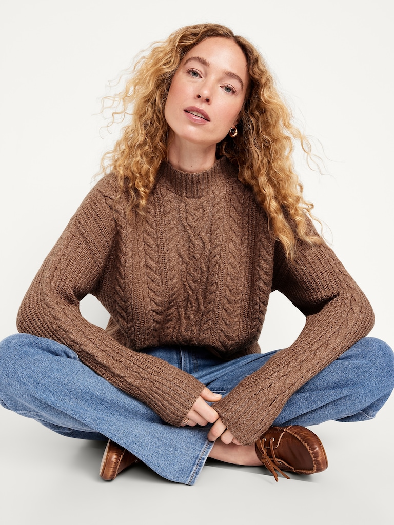 SoSoft Cropped Mock-Neck Cable Sweater