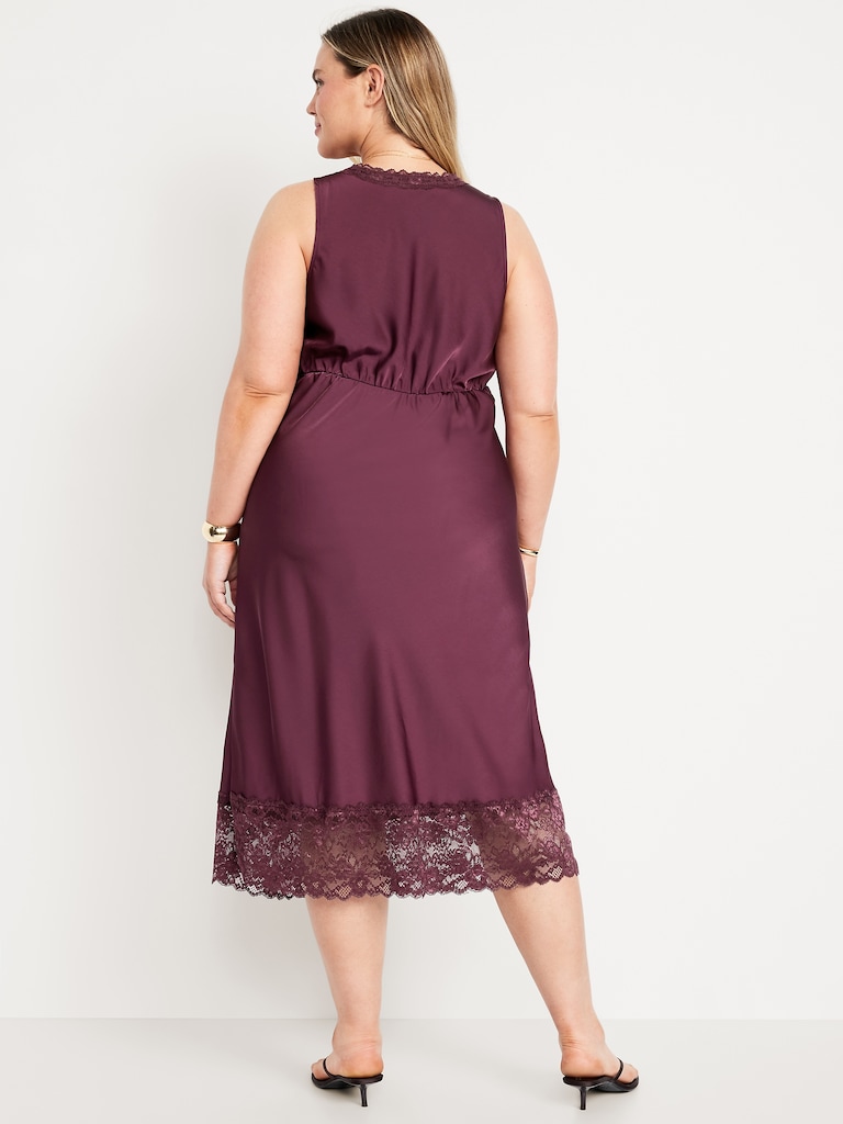 Lace-Trim Satin Midi Dress