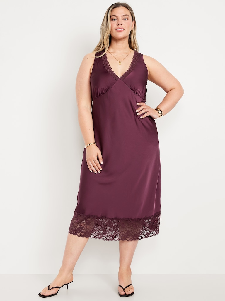 Lace-Trim Satin Midi Dress