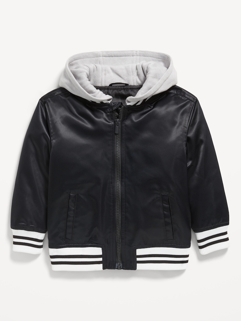 Hooded Zip-Front Satin Bomber Jacket for Toddler Boys