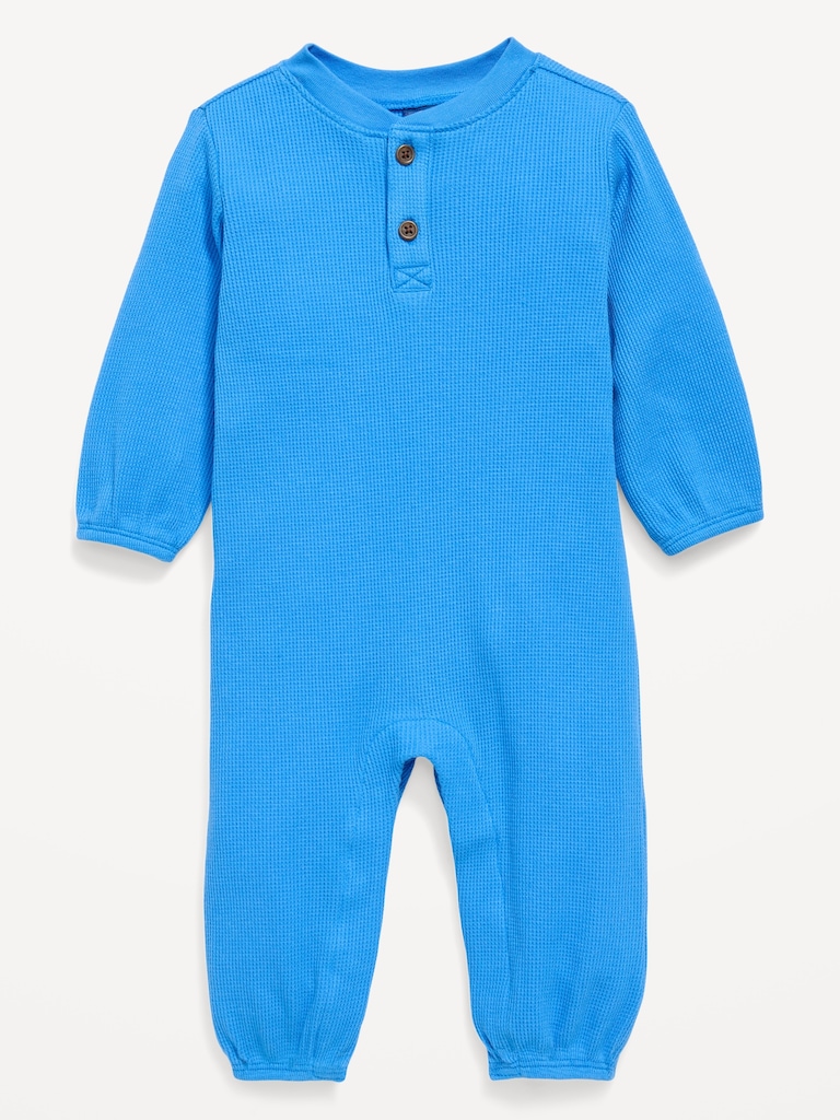 Long-Sleeve Waffle-Knit Henley One-Piece for Baby
