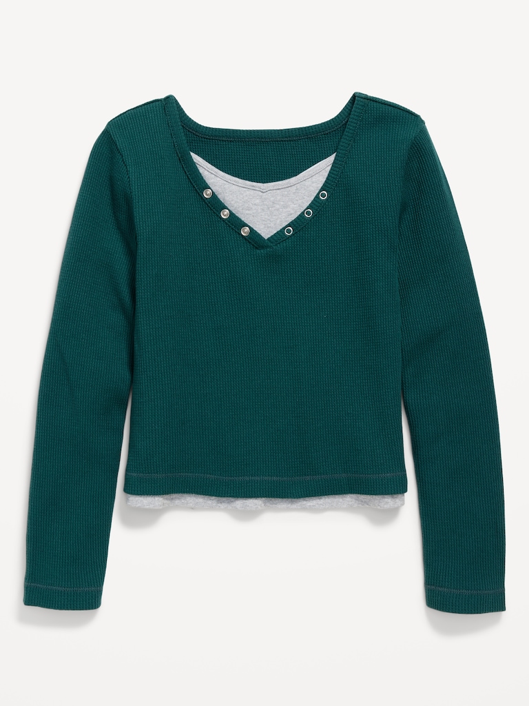 Long-Sleeve 2-In-1 Fitted Henley Top for Girls