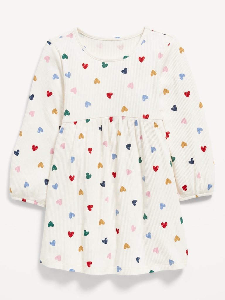 Printed Long-Sleeve Ribbed Dress for Toddler Girls