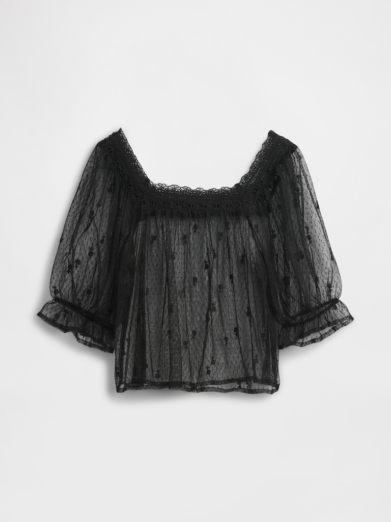 Sheer Tulle Embroidered Top