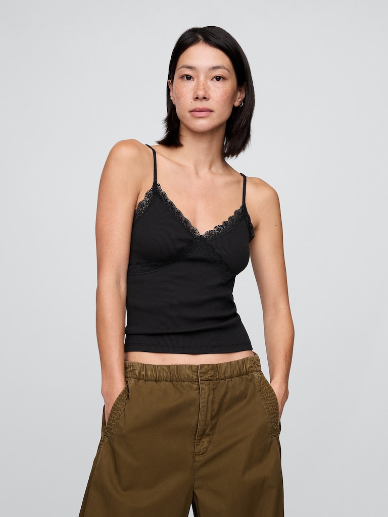 Lace-Trim Waffle-Knit Crop Cami