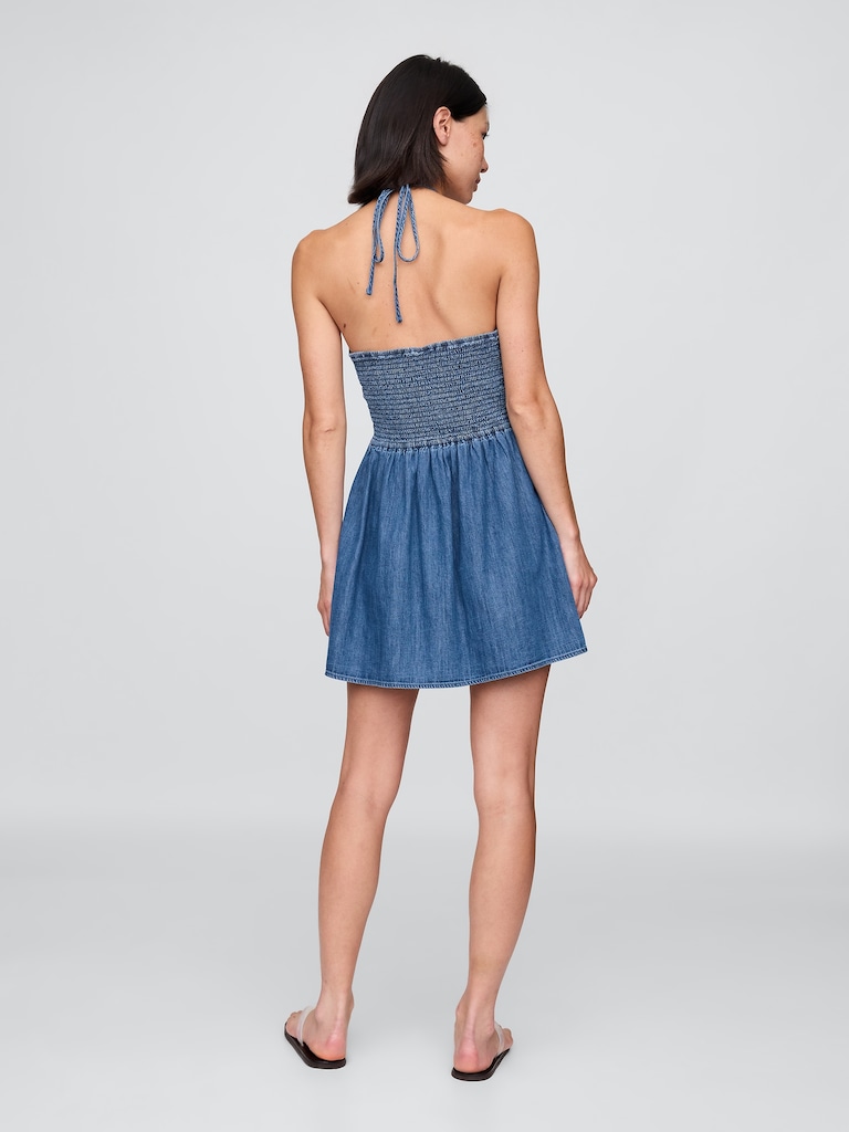 Denim Pintuck Halter Mini Dress