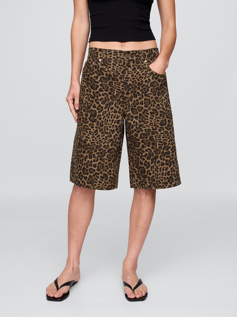 11" Mid Rise Denim Leopard Longline Shorts