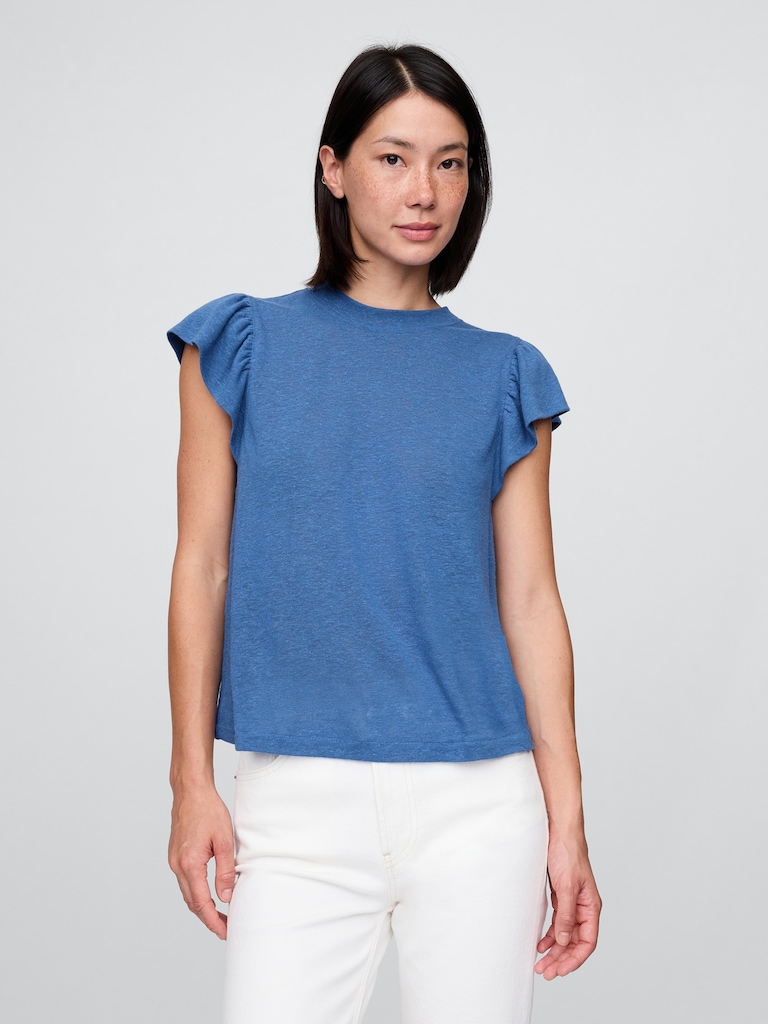 Linen-Blend Flutter-Sleeve T-Shirt
