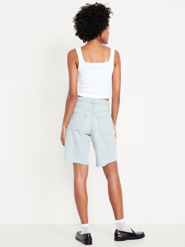 Mid-Rise Baggy Cut-Off Jean Bermuda Shorts -- 9-inch inseam