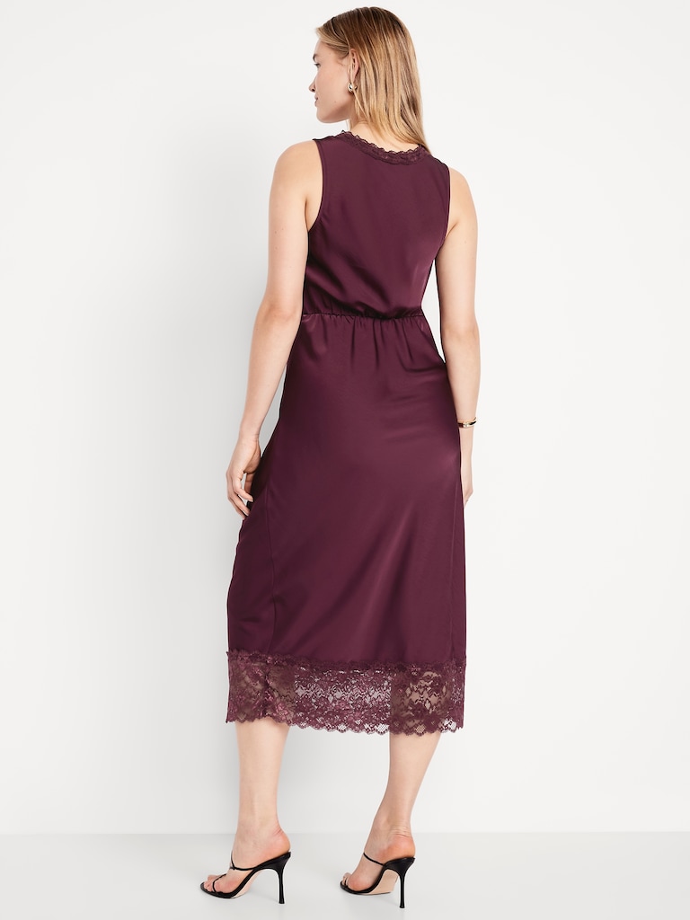 Lace-Trim Satin Midi Dress