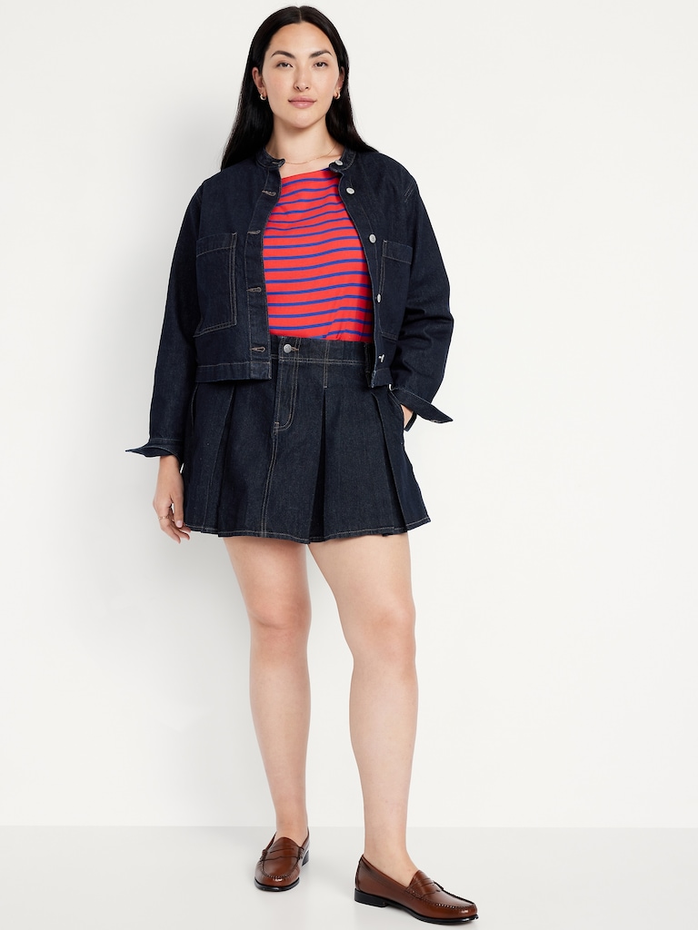 Mid-Rise Pleated Jean Mini Skirt