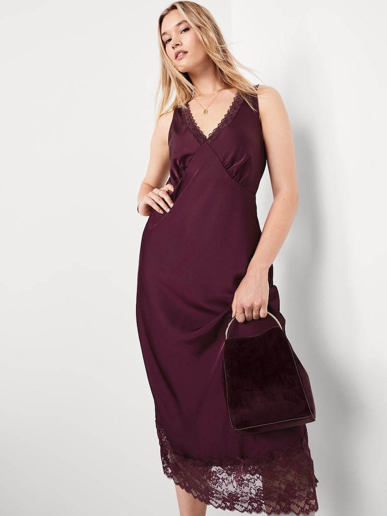 Lace-Trim Satin Midi Dress