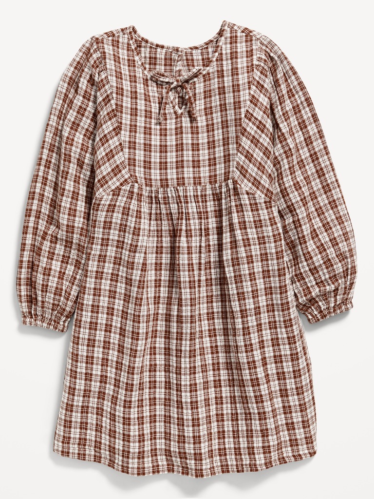 Long-Sleeve Tie-Front Double-Weave Swing Dress for Girls
