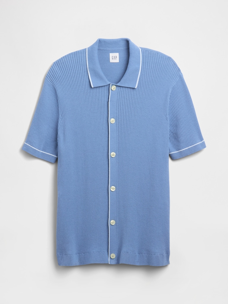Ribbed Button-Front Polo Shirt