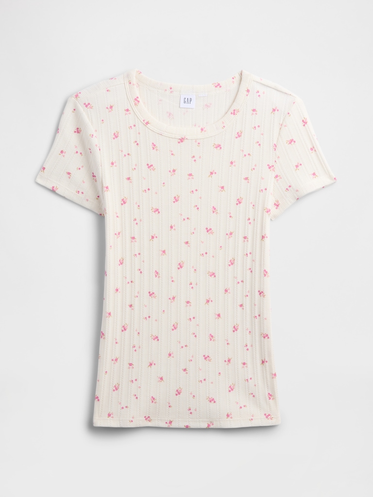 Ribbed Print Pointelle Crewneck T-Shirt