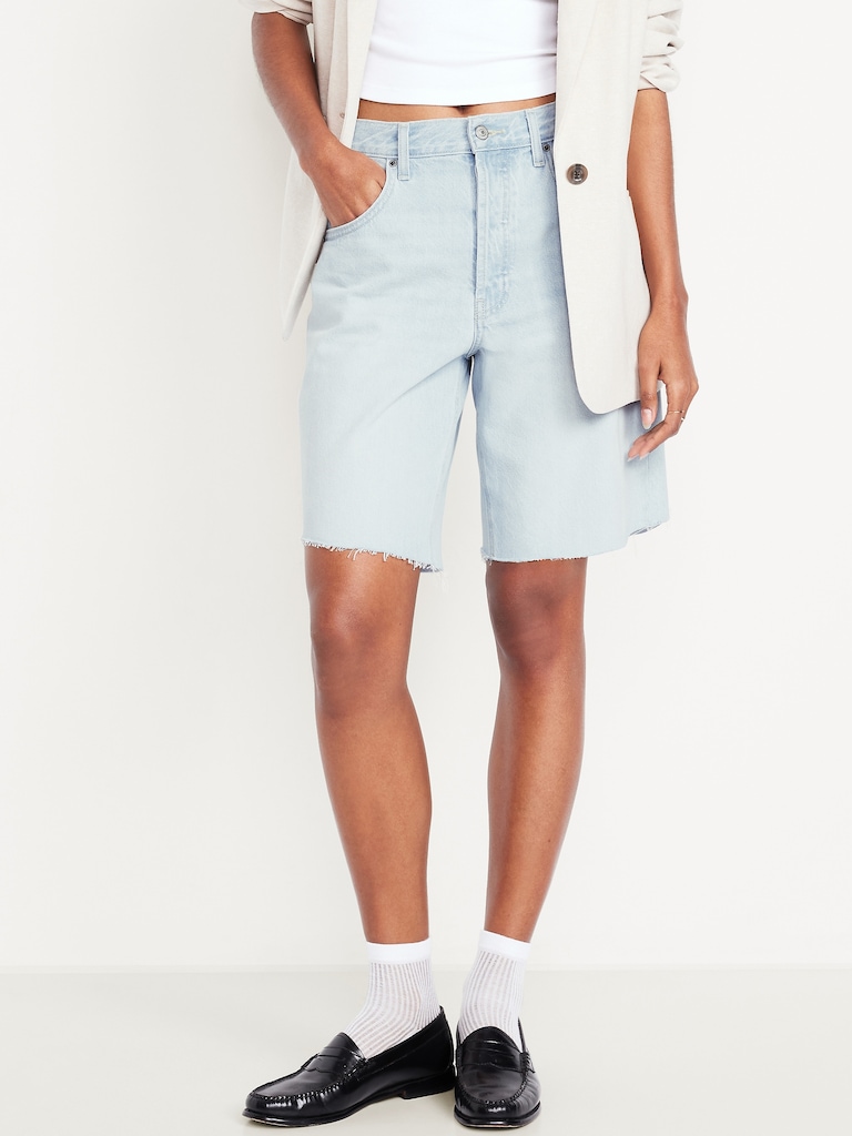 Mid-Rise Baggy Cut-Off Jean Bermuda Shorts -- 9-inch inseam