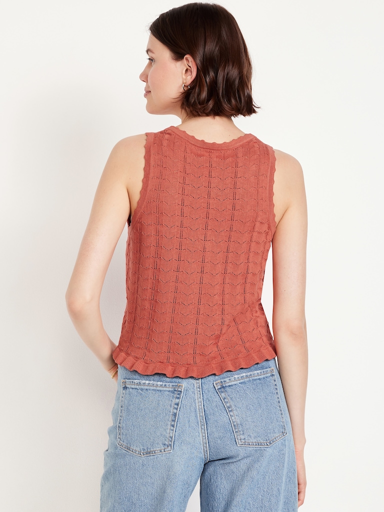 Sleeveless Pointelle Cropped Henley Top