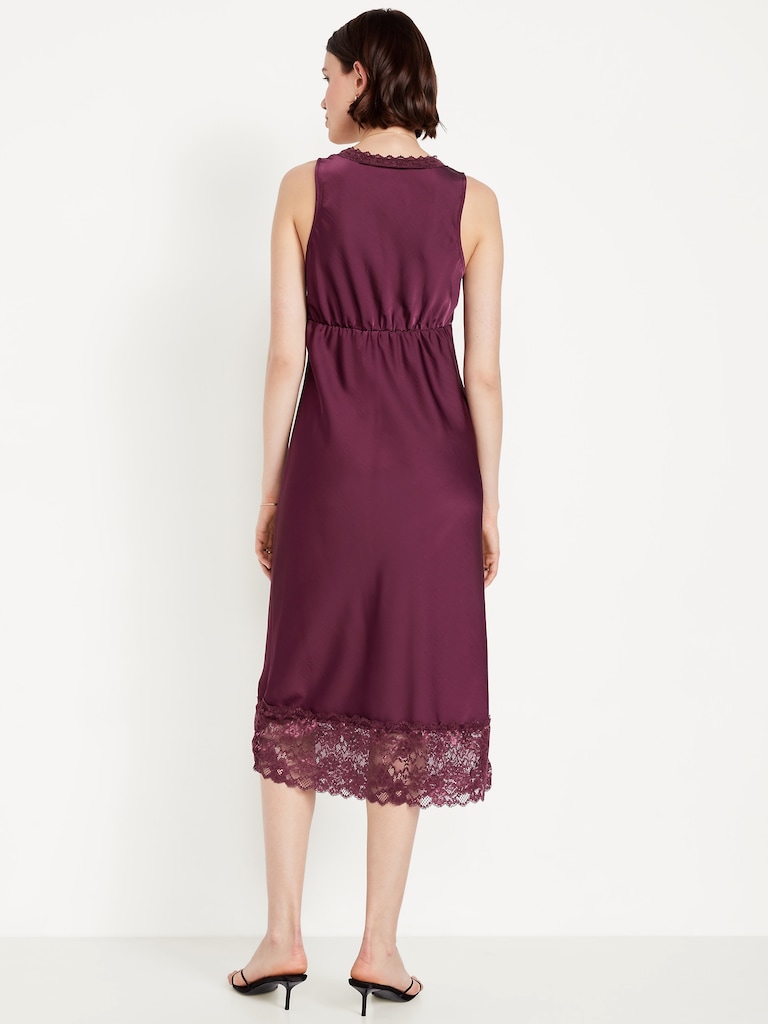 Lace-Trim Satin Midi Dress