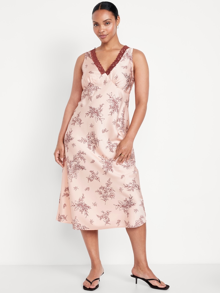 Lace-Trim Satin Midi Dress