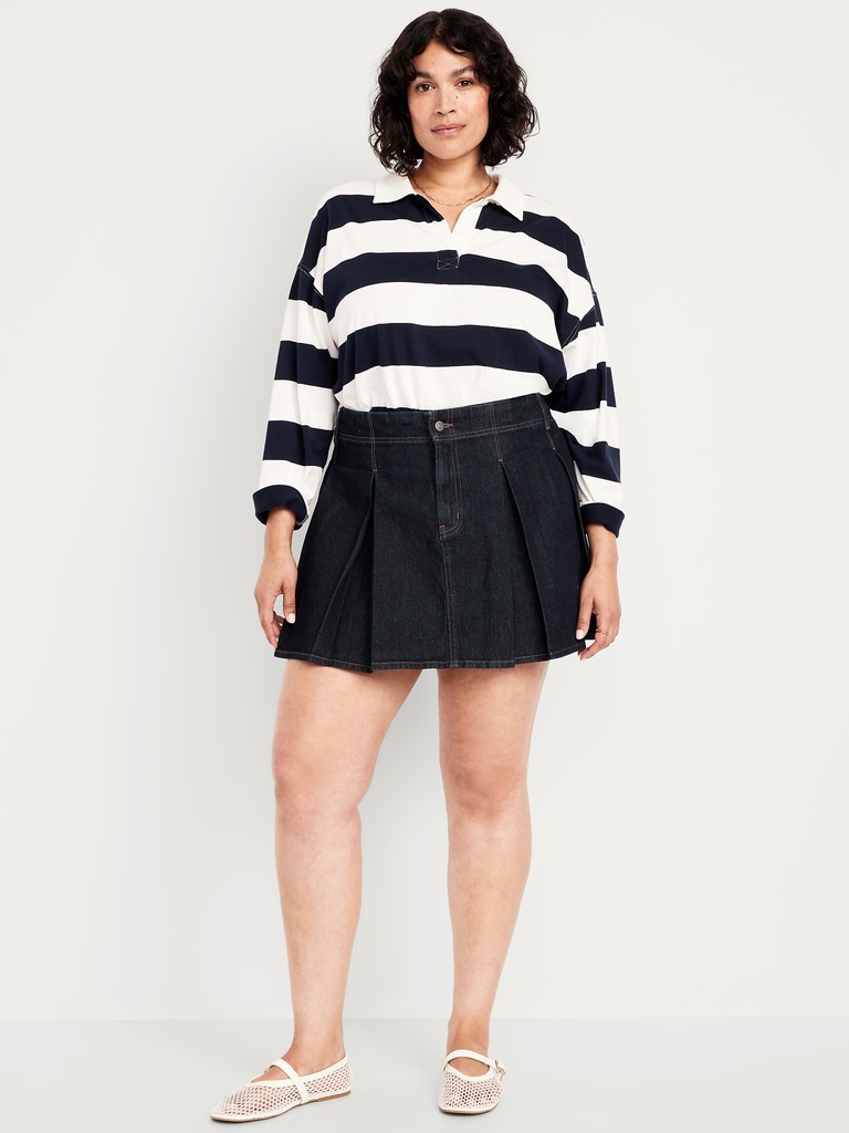 Mid-Rise Pleated Jean Mini Skirt