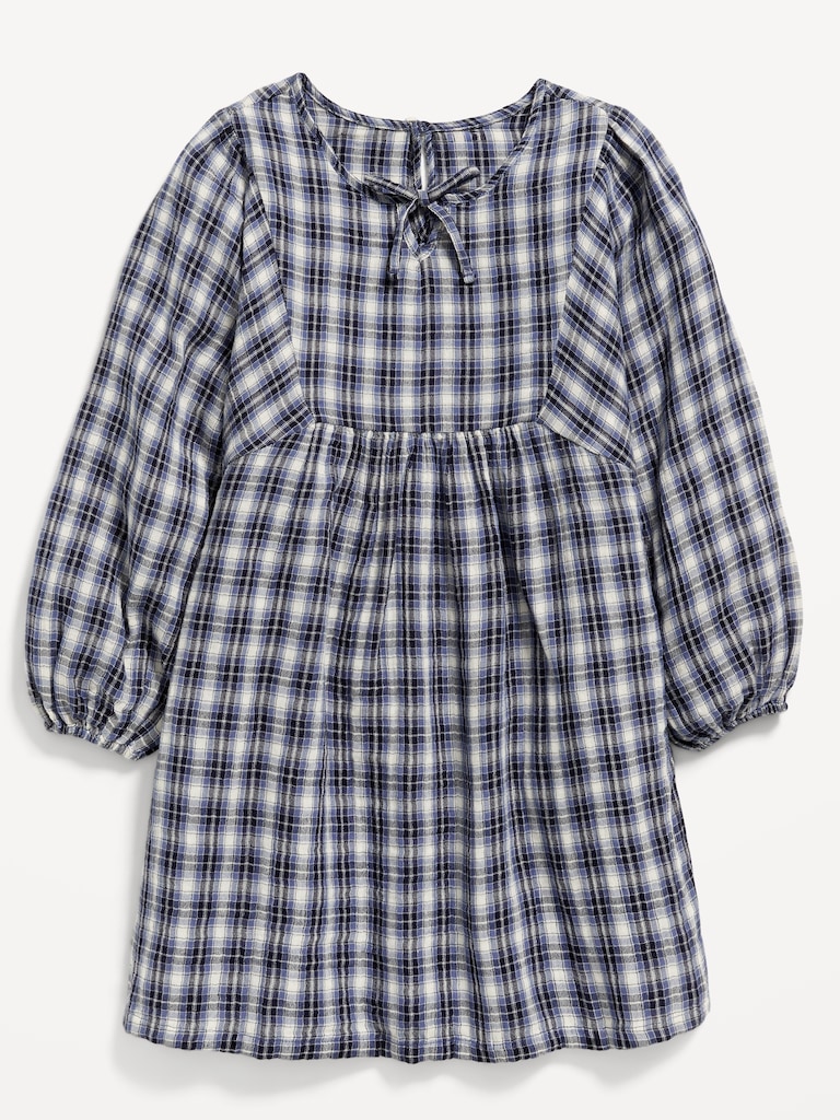 Long-Sleeve Tie-Front Double-Weave Swing Dress for Girls