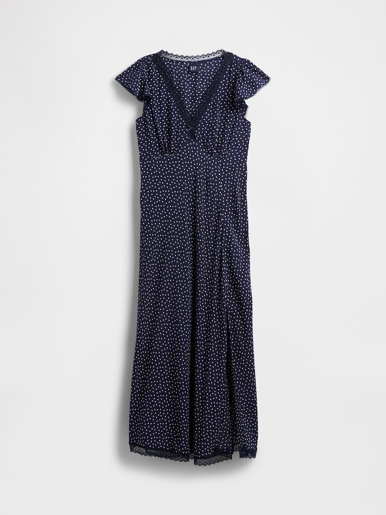 Lace-Trim V-Neck Crepe Maxi Dress