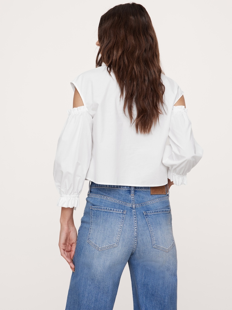 Cotton Poplin Puff-Sleeve Cropped Top