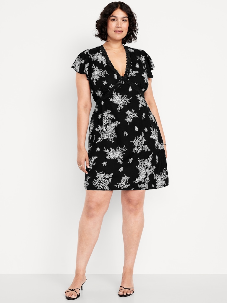 Fit & Flare Crepe Lace-Trim Mini Dress