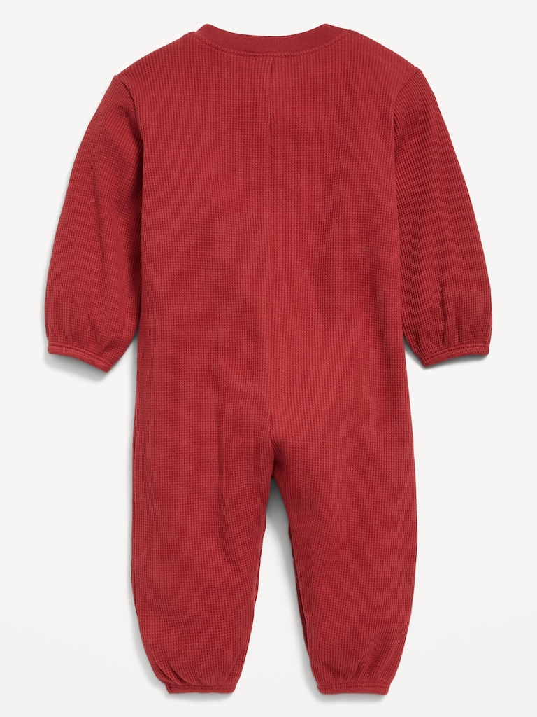 Long-Sleeve Waffle-Knit Henley One-Piece for Baby