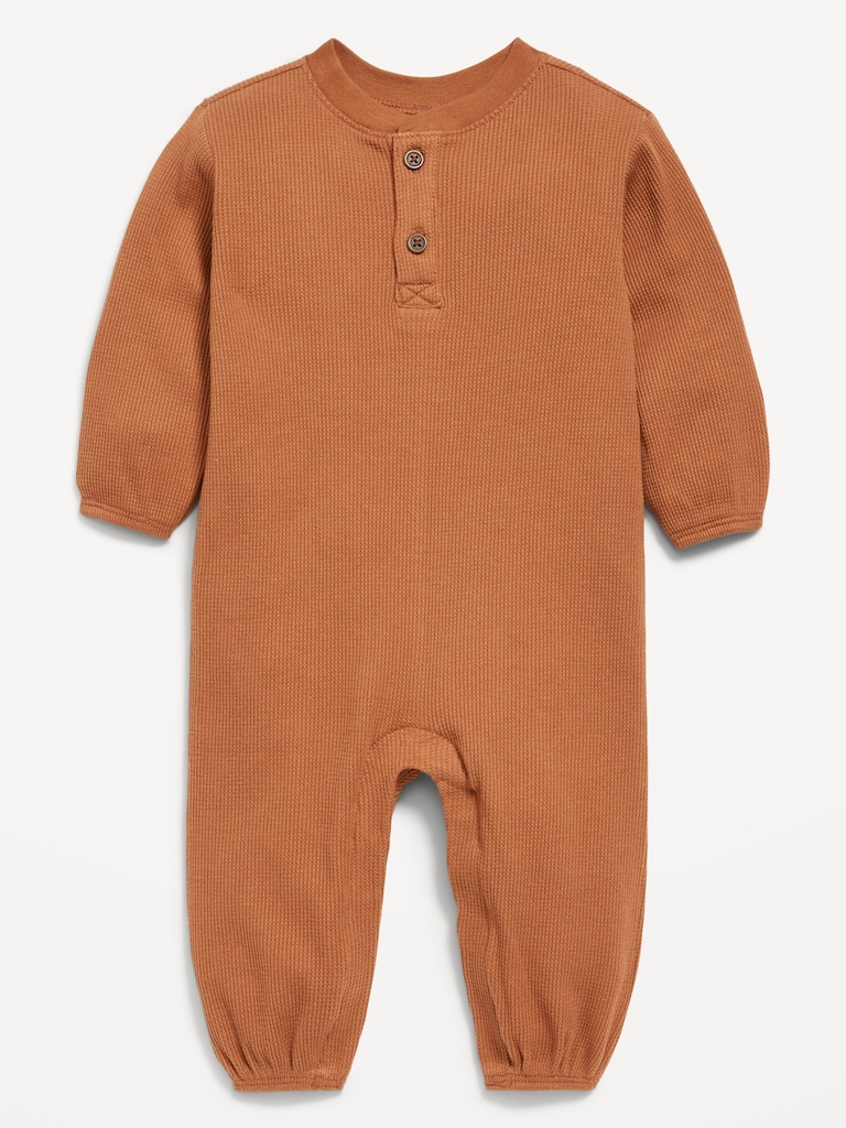 Long-Sleeve Waffle-Knit Henley One-Piece for Baby